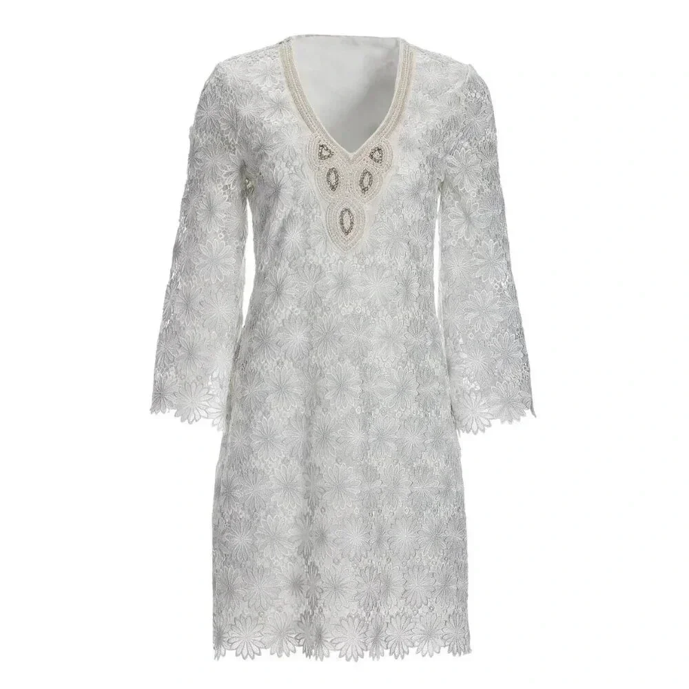 Boston Proper Embellished Metallic Floral Lace Tunic Dress White/Silver Size XS - Picture 3 of 16